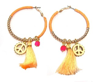 Salmon Ibiza Style Earrings with Peace Sign & Tassel (1 pc)