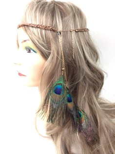 Braided Headband Brown with Peacock Feathers | Ibiza Boho Style (1 pc)