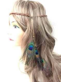 Braided Headband Black with Peacock Feathers (1 pc)