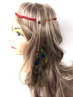 Braided Headband Bordeaux with Peacock Feathers (1 pc)
