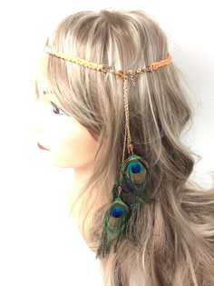 Braided Hairband Orange/Salmon with Peacock Feathers (1 pc)