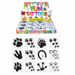FUN TATTOOS - MODEL: ANIMAL FOOTPRINTS, Each pack 12x Tattoos IN DISPLAY (48 pcs)